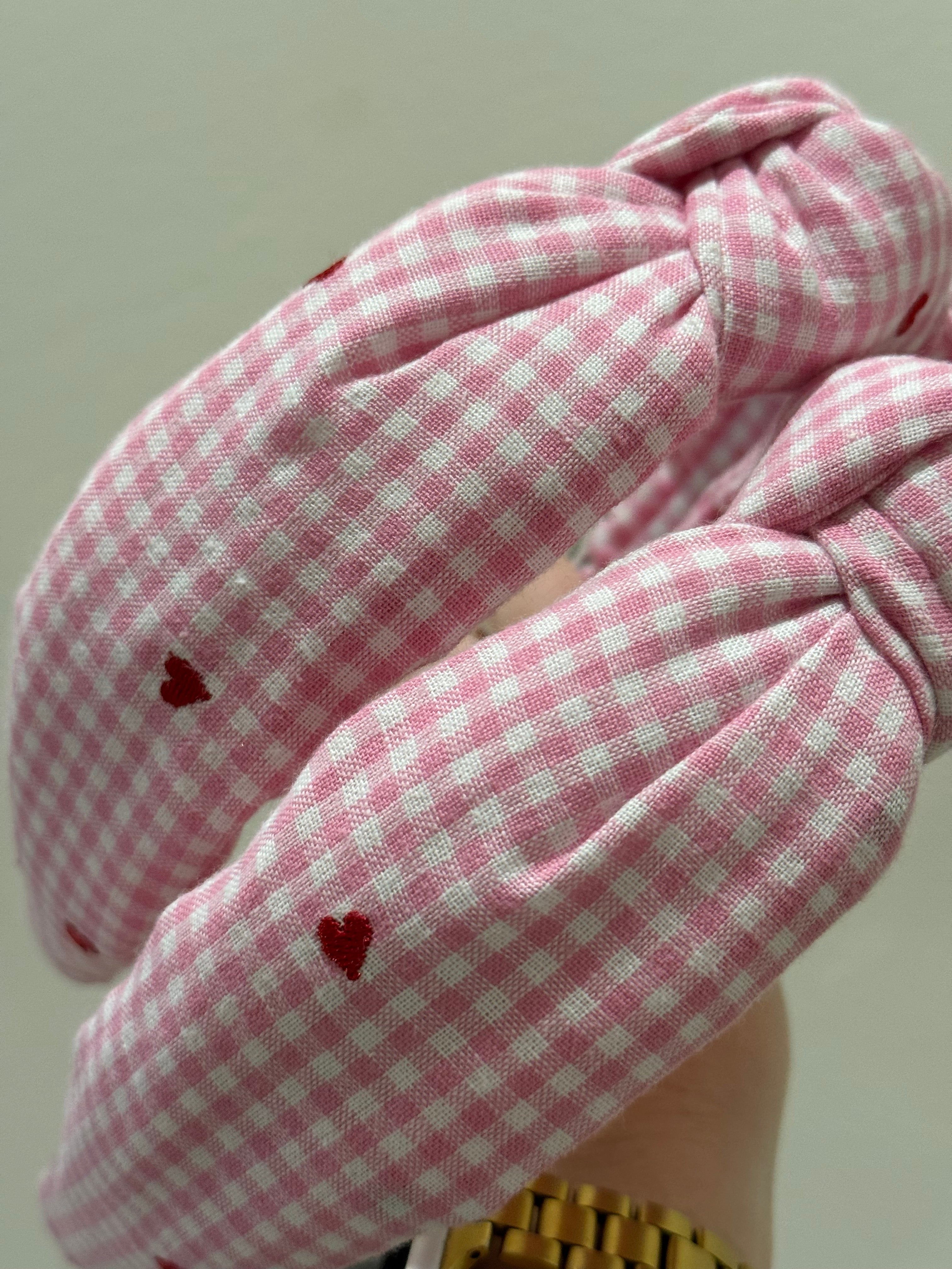 Pink Gingham heart headband