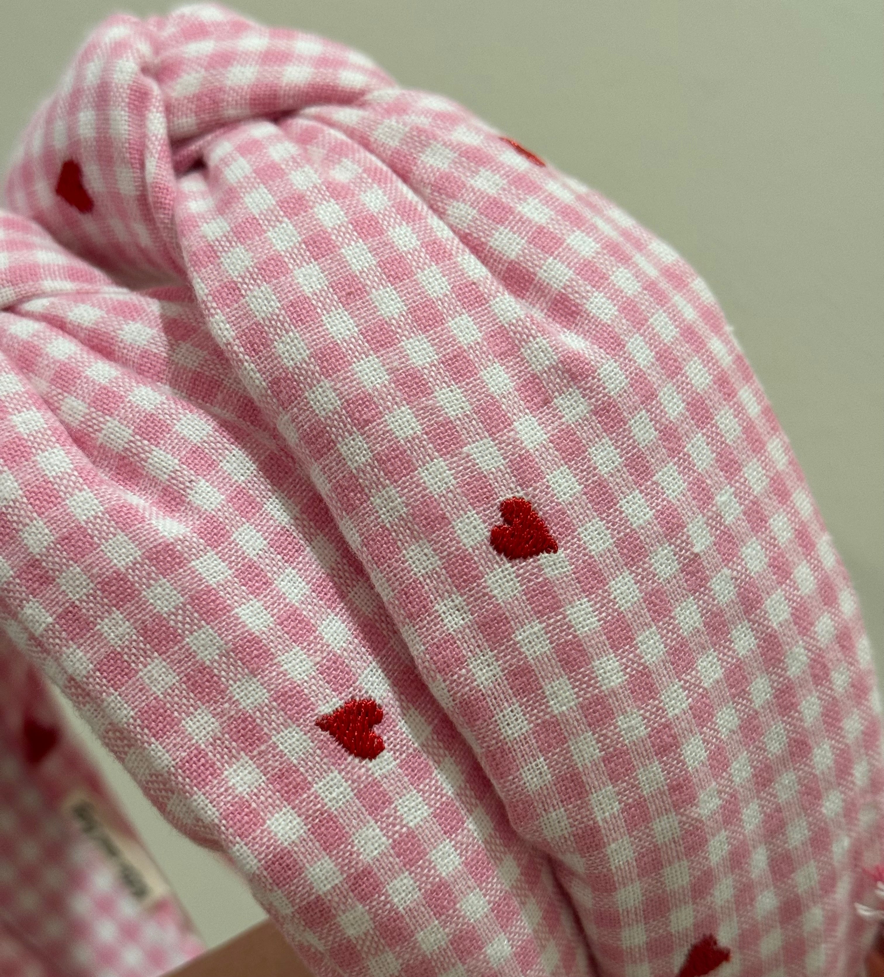 Pink Gingham heart headband